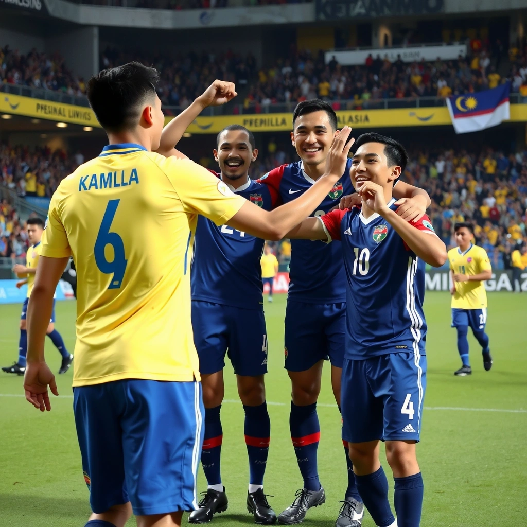 Malaysia national football team celebrating victory in international match