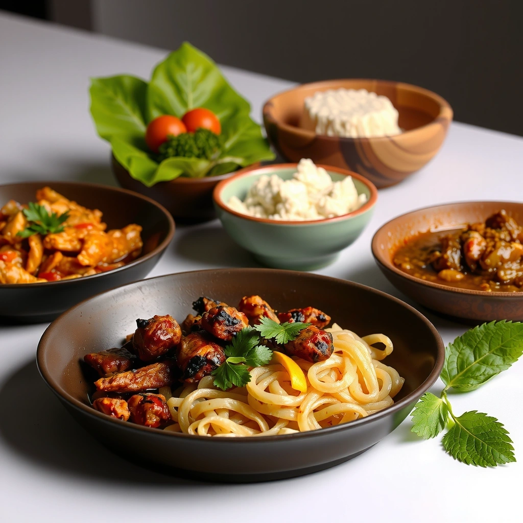 Malaysian cuisine featuring traditional dishes on elegant presentation