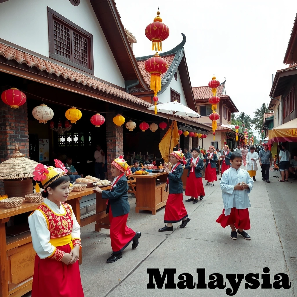 Traditional Malaysian cultural festival with colorful decorations and performers